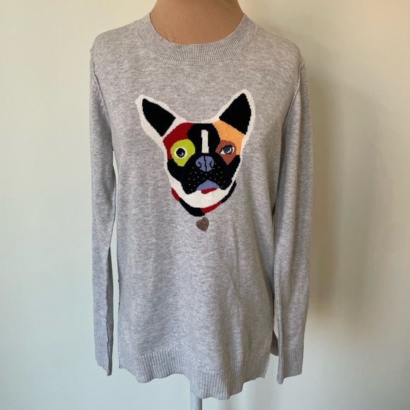 Anthropologie Lisa Todd Frenchie French Bulldog Patchwork Abstract Sweater Sz XS - Picture 3 of 12